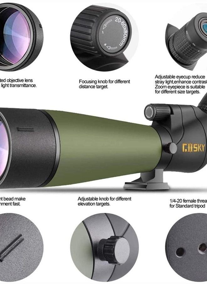 Updated 20-60x80 Spotting Scope with Tripod, Carrying Bag - BAK4 Angled Scope for Target Shooting Hunting Bird Watching Wildlife Scenery (Phone Mount+SLR Mount Compatible with Canon) 1