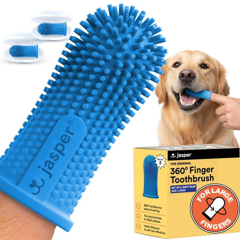 Jasper Large Dog Toothbrush, 360 Degree Pet Tooth Brushing Kit, Cat Toothbrush, Canine Dental Care & Teeth Cleaning Kit, Pet Finger Tooth Brush, Use with Dog Toothpaste, 2-Pack Navy-Blue Large - Image 1