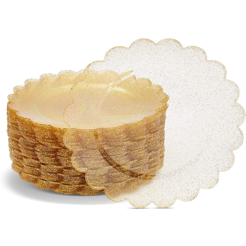 BLUE PANDA 50-Pack Gold Plastic Plates - Gold Glitter Plates with Scalloped Edges, Disposable for Birthdays, Weddings, Bridal Shower, 9 inches - Image 1