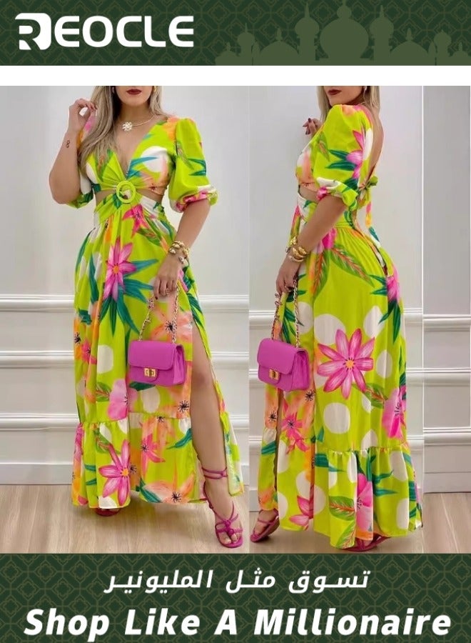 REOCLE Retro Print Flower Color Long Dress Summer New Half-high Collar Long Dress Mid-waist Suspender Type Wide Hem Three-quarter Sleeves - Image 1