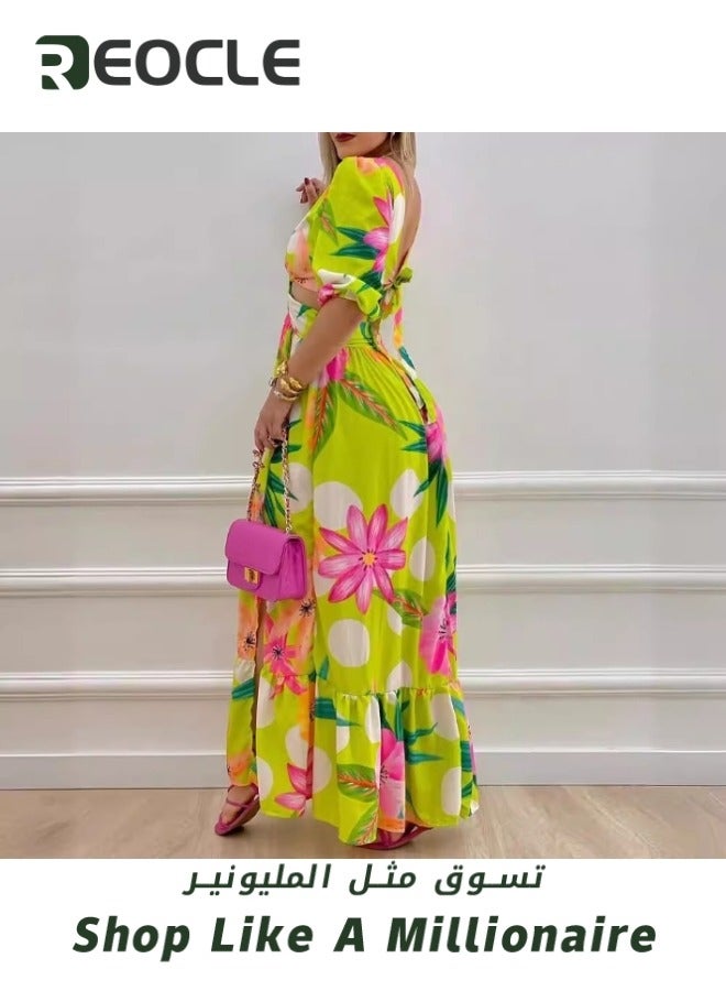 REOCLE Retro Print Flower Color Long Dress Summer New Half-high Collar Long Dress Mid-waist Suspender Type Wide Hem Three-quarter Sleeves - Image 2