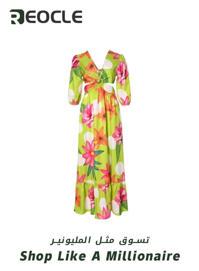 REOCLE Retro Print Flower Color Long Dress Summer New Half-high Collar Long Dress Mid-waist Suspender Type Wide Hem Three-quarter Sleeves - Image 3