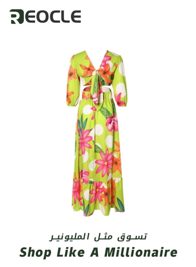 REOCLE Retro Print Flower Color Long Dress Summer New Half-high Collar Long Dress Mid-waist Suspender Type Wide Hem Three-quarter Sleeves - Image 4