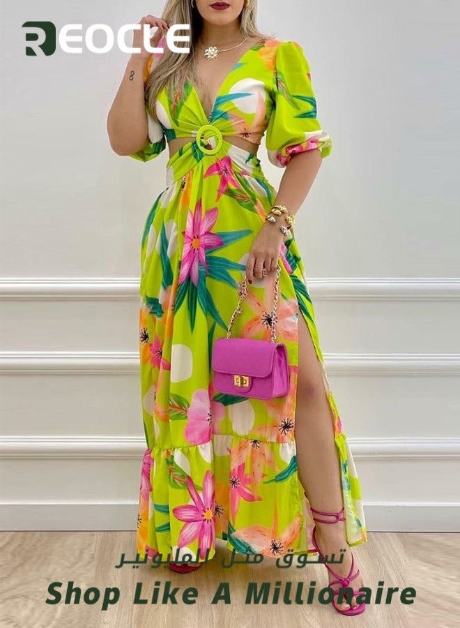 REOCLE Retro Print Flower Color Long Dress Summer New Half-high Collar Long Dress Mid-waist Suspender Type Wide Hem Three-quarter Sleeves - Image 5