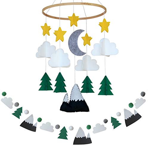 Sorrel + Fern Baby Crib Mobile (Starry Woodland Night w/Garland, Evergreen) - Nursery Decoration Crib Mobile and Baby Shower Gift for Boys & Girls - Image 1