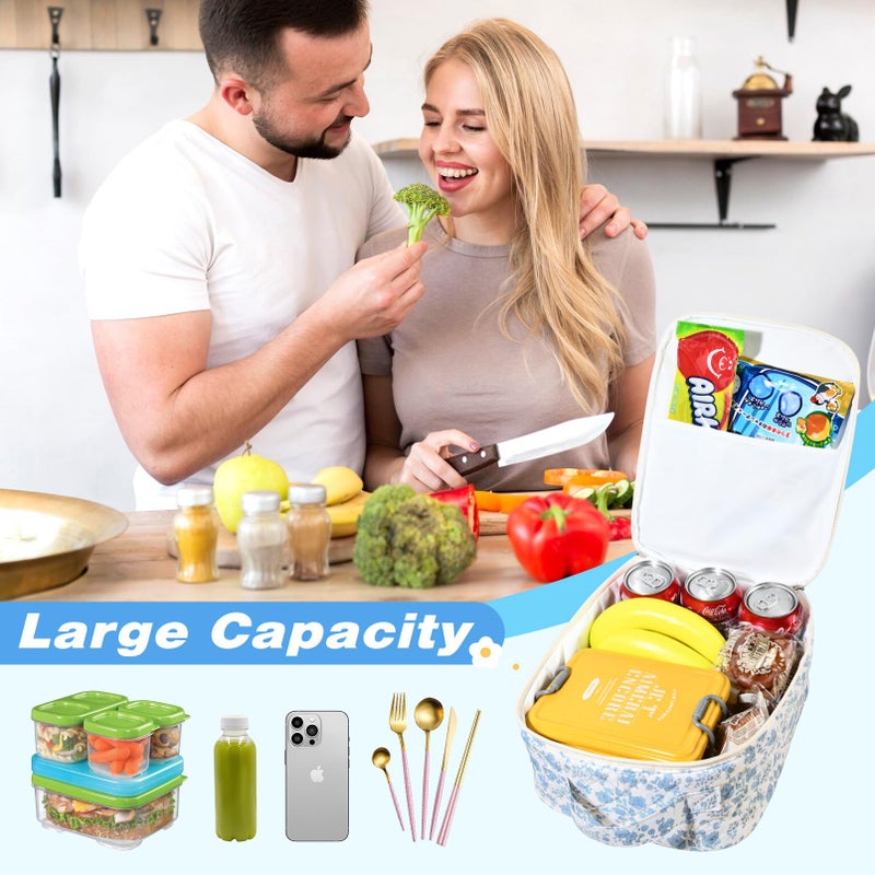 Aileam Lunch Box Lunch Bag for Women Cute Girls Insulated Womens Lunch Bag For Work Quilted Large Capacity Reusable Insulated Cooler for Work School Picnic Travel, Blue Flower - Image 3