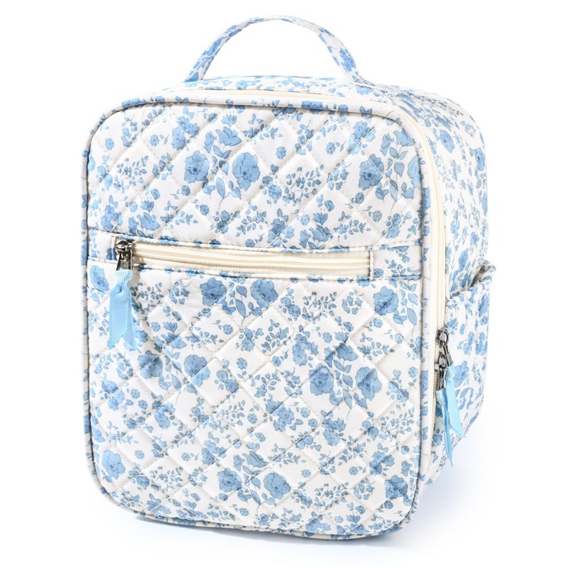 Aileam Lunch Box Lunch Bag for Women Cute Girls Insulated Womens Lunch Bag For Work Quilted Large Capacity Reusable Insulated Cooler for Work School Picnic Travel, Blue Flower - Image 1