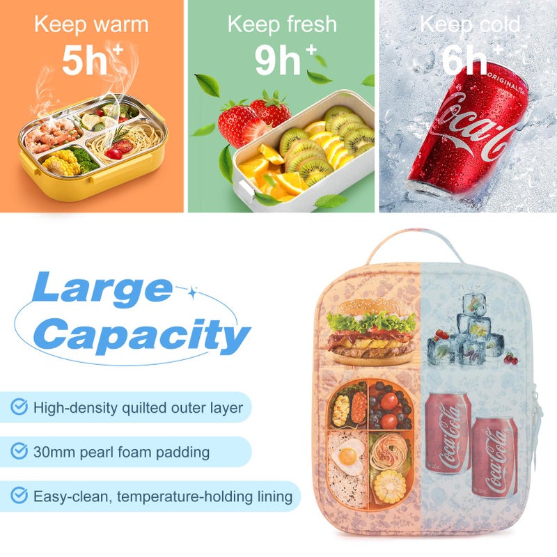 Aileam Lunch Box Lunch Bag for Women Cute Girls Insulated Womens Lunch Bag For Work Quilted Large Capacity Reusable Insulated Cooler for Work School Picnic Travel, Blue Flower - Image 4