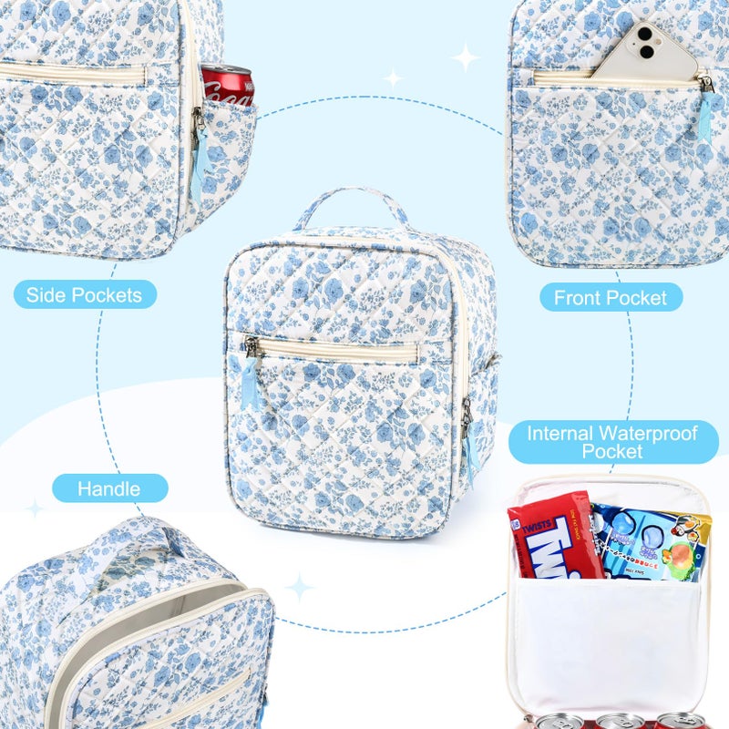 Aileam Lunch Box Lunch Bag for Women Cute Girls Insulated Womens Lunch Bag For Work Quilted Large Capacity Reusable Insulated Cooler for Work School Picnic Travel, Blue Flower - Image 5