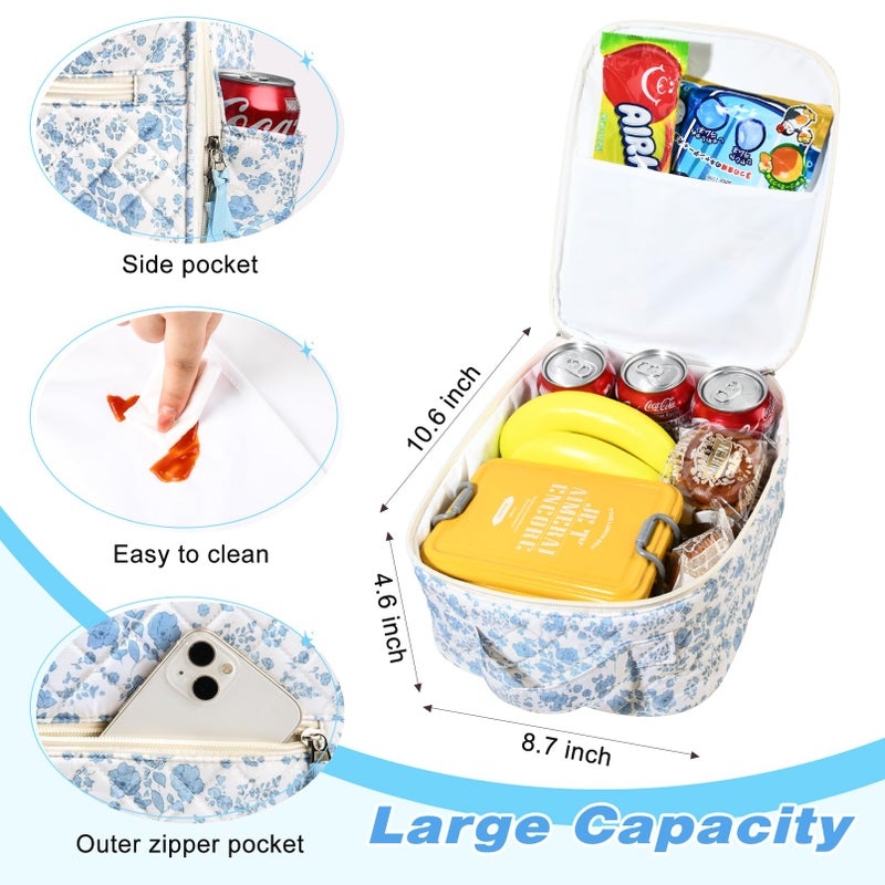 Aileam Lunch Box Lunch Bag for Women Cute Girls Insulated Womens Lunch Bag For Work Quilted Large Capacity Reusable Insulated Cooler for Work School Picnic Travel, Blue Flower - Image 2