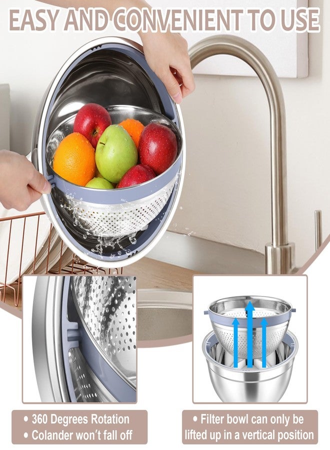 E-far مجموعة مصفاة إيفار مع وعاء خلط، مصفاة من الفولاذ المقاوم للصدأ 4-1 مع مبشرة للمطبخ، وعاء مصفاة دوار لتصريف الفواكه والخضروات/تصفية المعكرونة - كاكي - Image 3