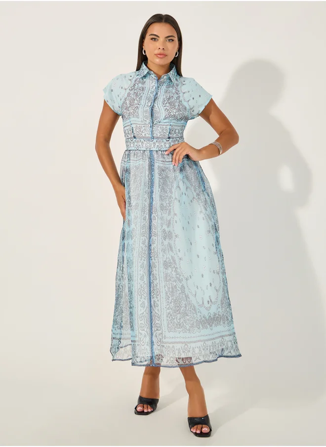 Styli Blue Paisley Print with Collared Neck Dress