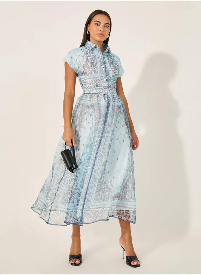 Styli Blue Paisley Print with Collared Neck Dress