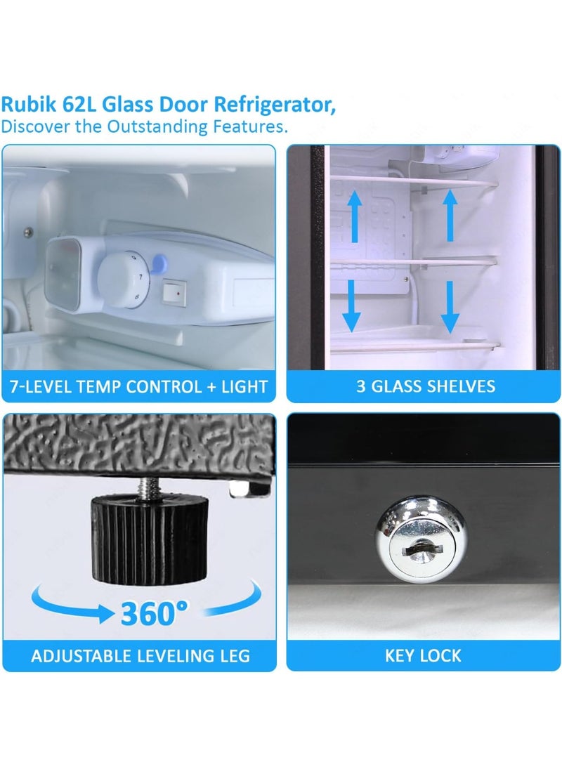 Rubik Mini Fridge Glass Door 62L, With Key Lock, Beverage Cooler for Commercial Use  - Image 3