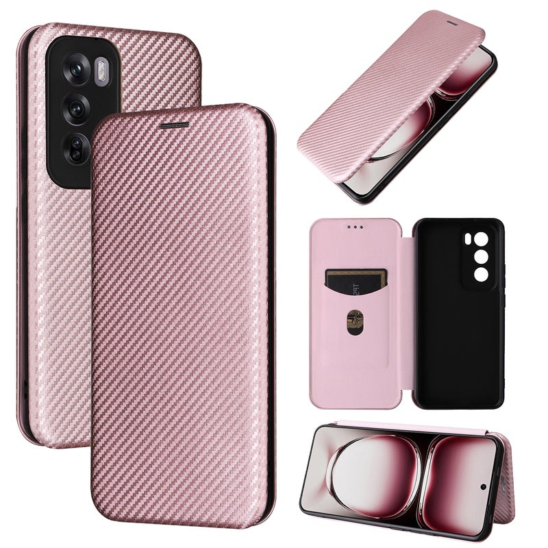 HuHa Case Cover For OPPO Reno12 Pro 5G Global Carbon Fiber Texture Flip Leather Phone Case(Pink) - Image 1