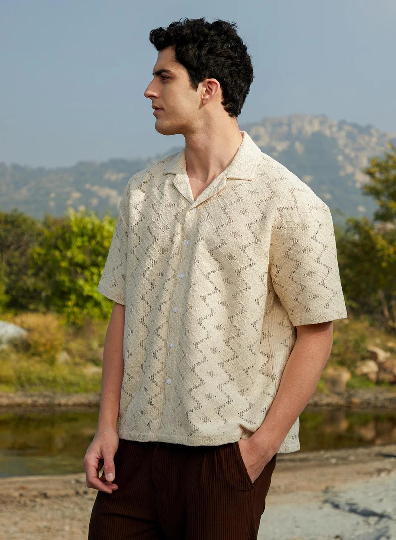 CAHOOT  Men's Off-White Zig-Trail Cuban Oversized Shirt for Men | Best Price UAE