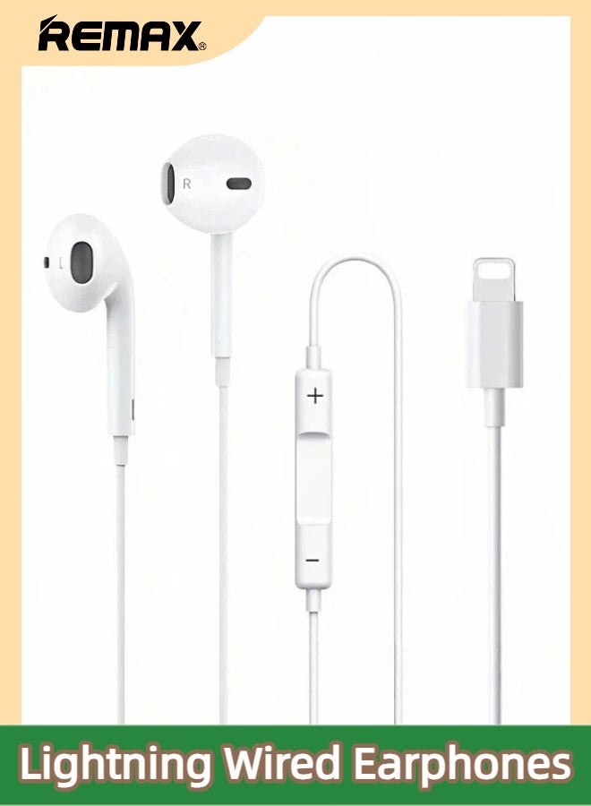 REMAX RM-702i Wired Earphones, Lightning Connector, In-Ear Design, Built-In HD Stereo Microphone, Volume Control, White, Suitable For Music, Calls, Games. Compatible With iPhone 14/13/12/11/X/Xs/Pro/ProMax/Plus and Other Lightning Devices. - Image 1