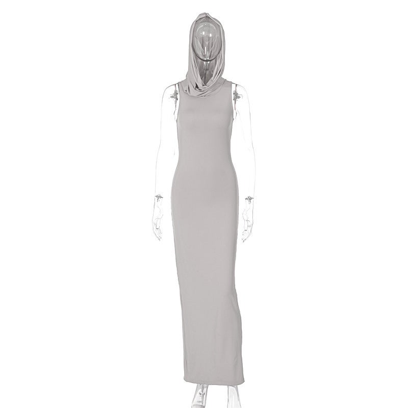 AliExpress European and American style womens clothing 2024 autumn new fashion solid color hooded back split sleeveless dress women Light gray