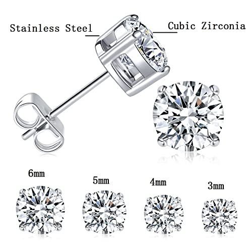 MDFUN Titanium Stud Earrings Set Hypoallergenic Cubic Zirconia Round CZ 4 Prong Surgical 316L Stainless Steel Stud Earring for Women and Men 3-6mm Pack of 4 - Image 4