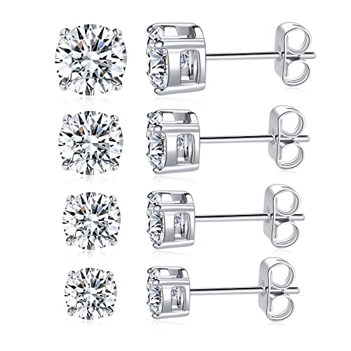 MDFUN Titanium Stud Earrings Set Hypoallergenic Cubic Zirconia Round CZ 4 Prong Surgical 316L Stainless Steel Stud Earring for Women and Men 3-6mm Pack of 4 - Image 1