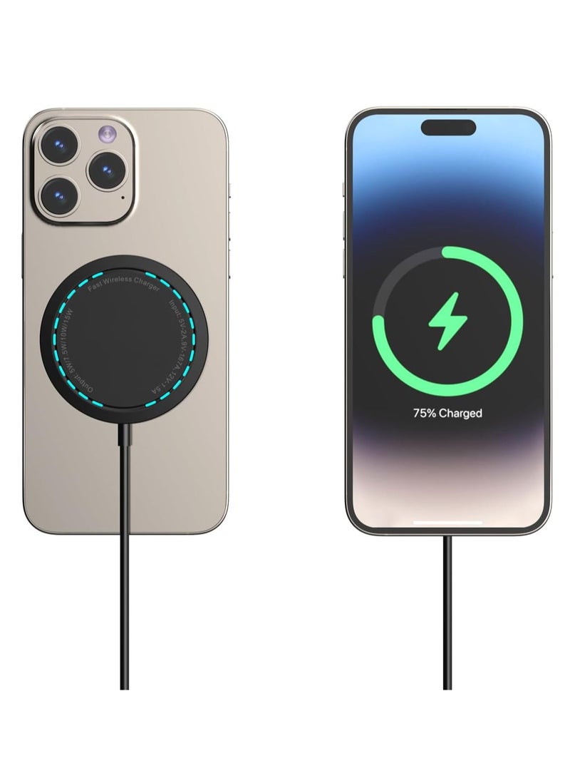 General Wireless Charger, 15W Max Fast Magnetic Wireless Charging Pad Compatible with iPhone 15/14/13/12 with USB-A Converter Black  - Image 3