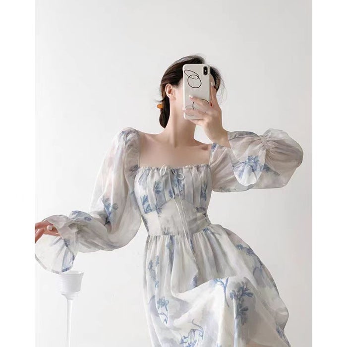 Spring Floral Skirt 2024 New Square Collar Gentle Style Fairy Flower Print Dress High-End Long-Sleeved Skirt Blue flowers on white background