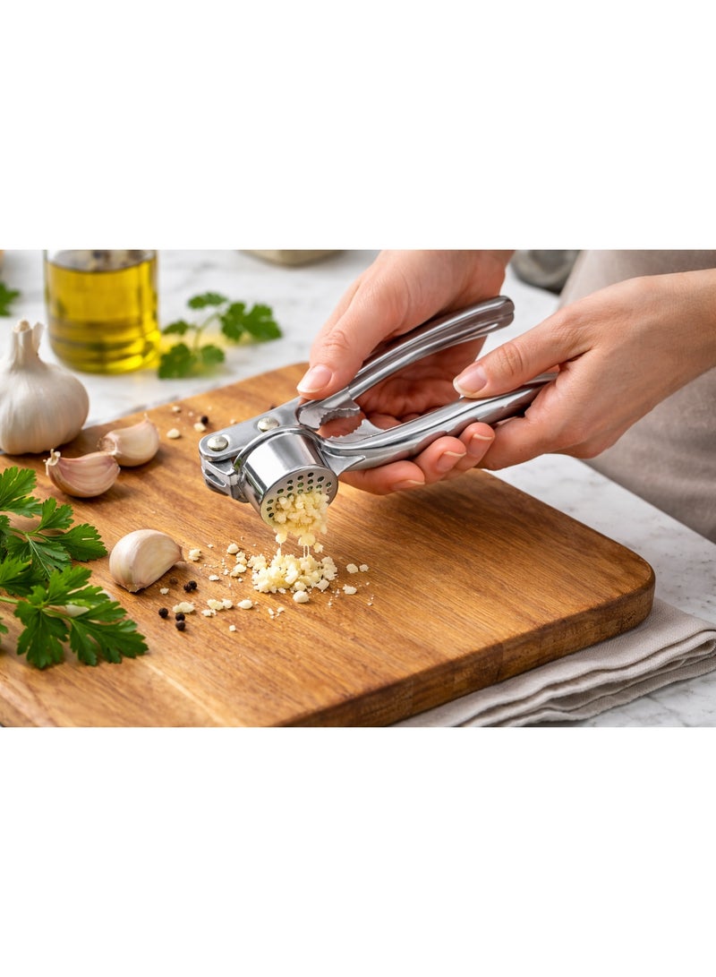 Heavy Duty Metal Garlic Press & Crusher with Built-in Nutcracker - Silver | Manual Kitchen Garlic Mincer - Image 4