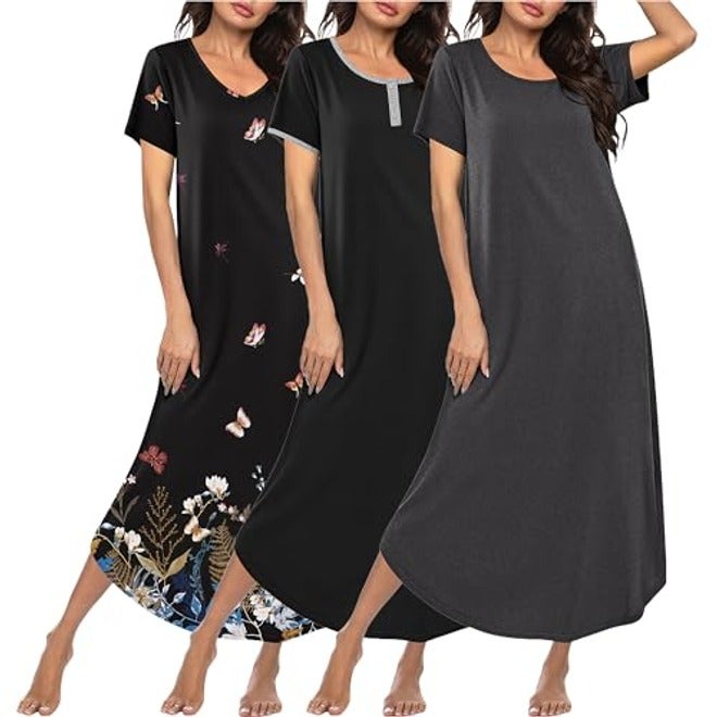 Ekouaer Women's 3-Pack Long Nightgowns Plus Size Soft Moo Moo Sleepwear Short Sleeve House Dress