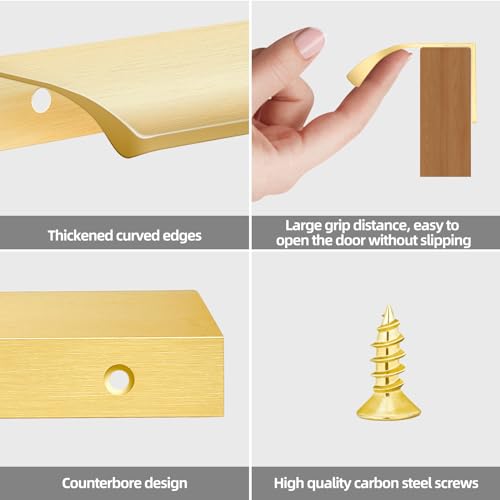 Malimali 10 Pack Gold Edge Finger Pulls for Cabinets Wardrobes 7.87" Kitchen Cabinet Pulls Handles Drawer Pulls Modern Aluminum Concealed Tab Pulls for Closet Door, Brushed Brass - Image 3
