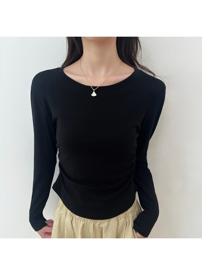 K2102 Cotton Wrinkled Bottoming Shirt For Women In Autumn And Winter New Style Slimming Look Long-sleeved Top Round Neck Right Shoulder T-shirt