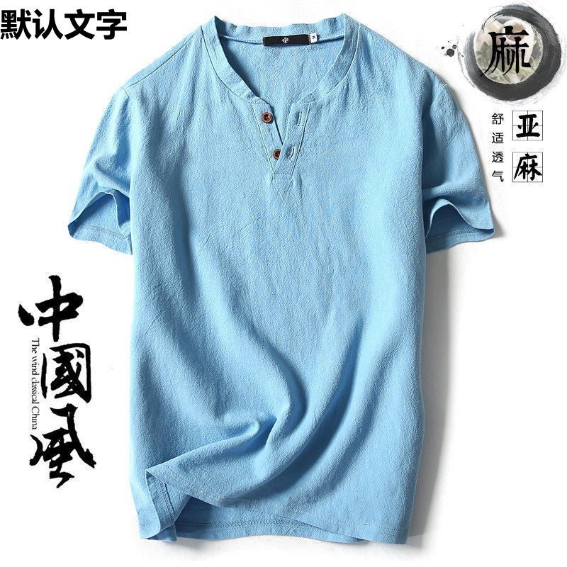 Chinese Style Linen T-Shirt Men'S Short-Sleeved Summer Solid Color Cotton And Linen Half-Sleeved V-Neck Base Shirt Chinese Style Men'S All-Match Top - Image 3