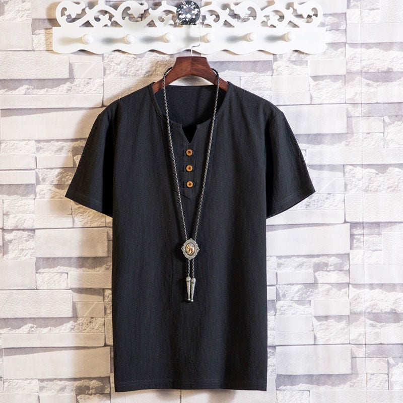 Chinese Style Linen T-Shirt Men'S Short-Sleeved Summer Solid Color Cotton And Linen Half-Sleeved V-Neck Base Shirt Chinese Style Men'S All-Match Top - Image 1