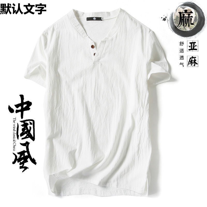 Chinese Style Linen T-Shirt Men'S Short-Sleeved Summer Solid Color Cotton And Linen Half-Sleeved V-Neck Base Shirt Chinese Style Men'S All-Match Top - Image 4