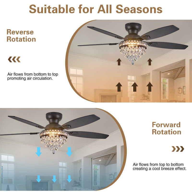 Fanyank Crystal Ceiling Fan Fandelier with Lights-Ceiling Fans with Lights,50" Low Profile and Remote Control, Flush Mount, Reversible, Dimmable, Noiseless, Black Ceiling Fan for Bedroom - Image 3