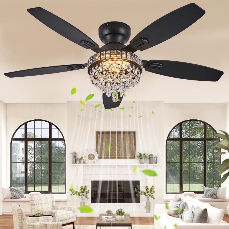 Fanyank Crystal Ceiling Fan Fandelier with Lights-Ceiling Fans with Lights,50" Low Profile and Remote Control, Flush Mount, Reversible, Dimmable, Noiseless, Black Ceiling Fan for Bedroom - Image 5