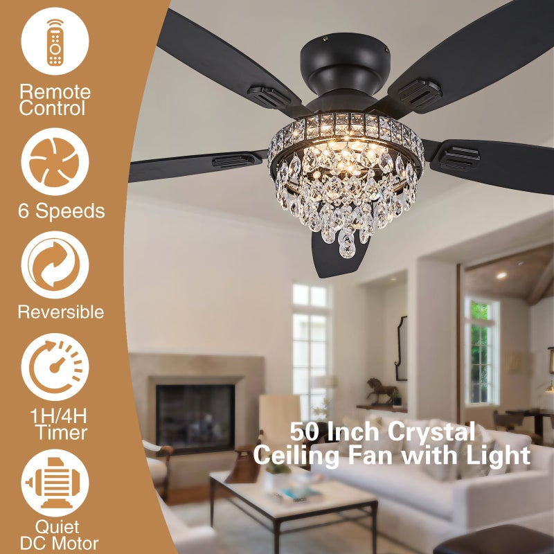 Fanyank Crystal Ceiling Fan Fandelier with Lights-Ceiling Fans with Lights,50" Low Profile and Remote Control, Flush Mount, Reversible, Dimmable, Noiseless, Black Ceiling Fan for Bedroom - Image 4