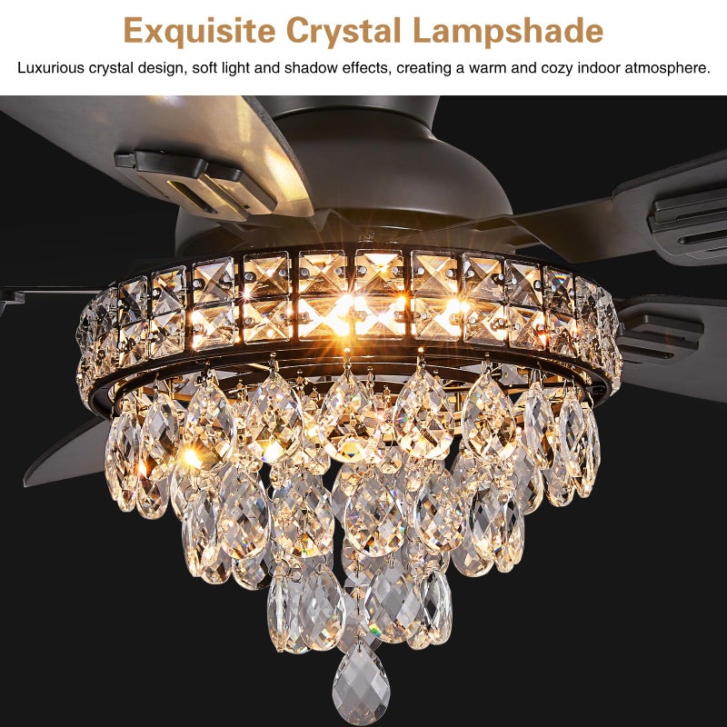 Fanyank Crystal Ceiling Fan Fandelier with Lights-Ceiling Fans with Lights,50" Low Profile and Remote Control, Flush Mount, Reversible, Dimmable, Noiseless, Black Ceiling Fan for Bedroom - Image 2