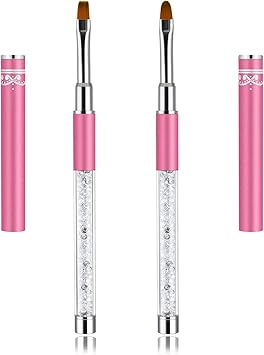 Hariendny 2Pcs Oval Flat Gel Nail Brush Set Rhinestone Handle Nail Art Design Brushes Nail Drawing Pen Nail Art Clean Up Brushes Gel Brushes for Nails Pink - Image 1