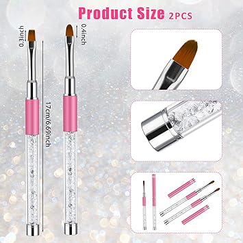 Hariendny 2Pcs Oval Flat Gel Nail Brush Set Rhinestone Handle Nail Art Design Brushes Nail Drawing Pen Nail Art Clean Up Brushes Gel Brushes for Nails Pink - Image 2