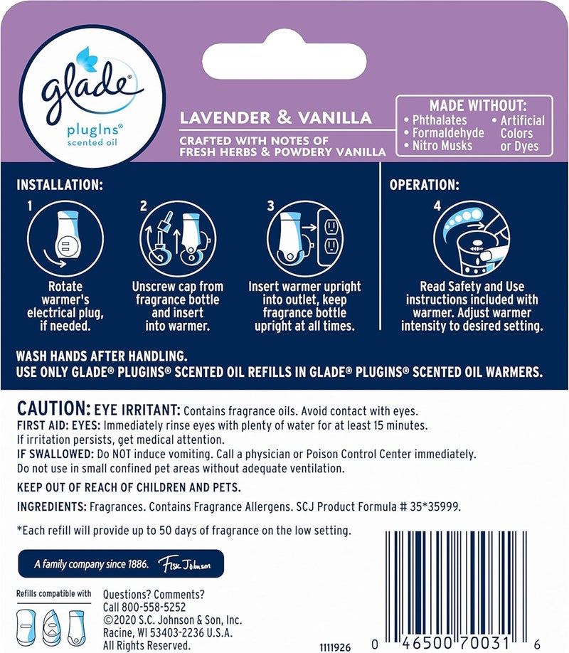 Glade عبوات إعادة تعبئة معطر الهواء، زيوت عطرية وأساسية للمنزل والحمام، لافندر وفانيليا، 1.34 أونصة سائلة، 2 عدد (عبوة واحدة) - Image 2