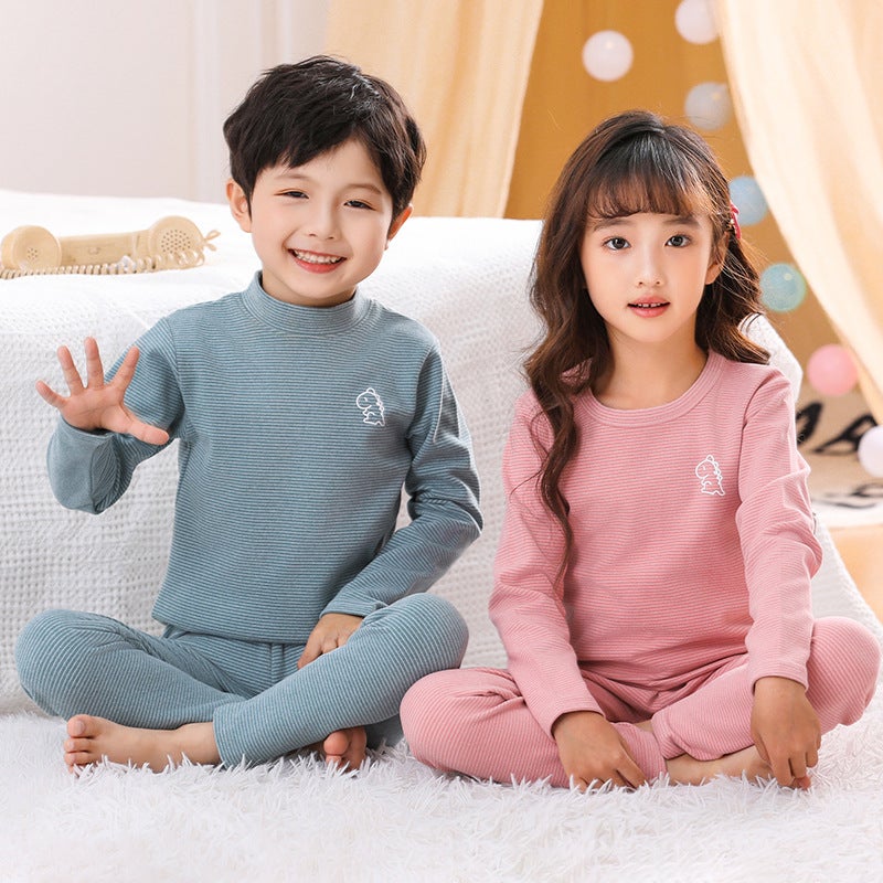 Children'S Double-Sided Brushed Plush Long Johns Boys And Girls Winter Thermal Underwear Suit Mid-Collar Bottoming Striped Pajamas - Image 2