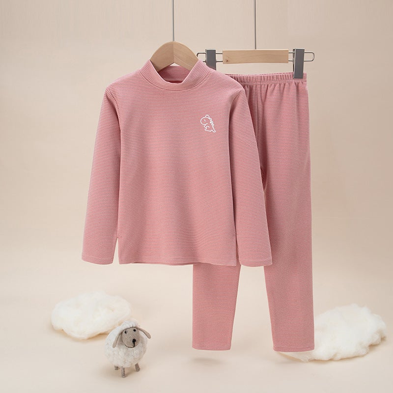 Children'S Double-Sided Brushed Plush Long Johns Boys And Girls Winter Thermal Underwear Suit Mid-Collar Bottoming Striped Pajamas - Image 1