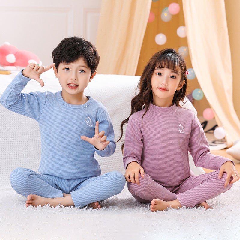 Children'S Double-Sided Brushed Plush Long Johns Boys And Girls Winter Thermal Underwear Suit Mid-Collar Bottoming Striped Pajamas - Image 4