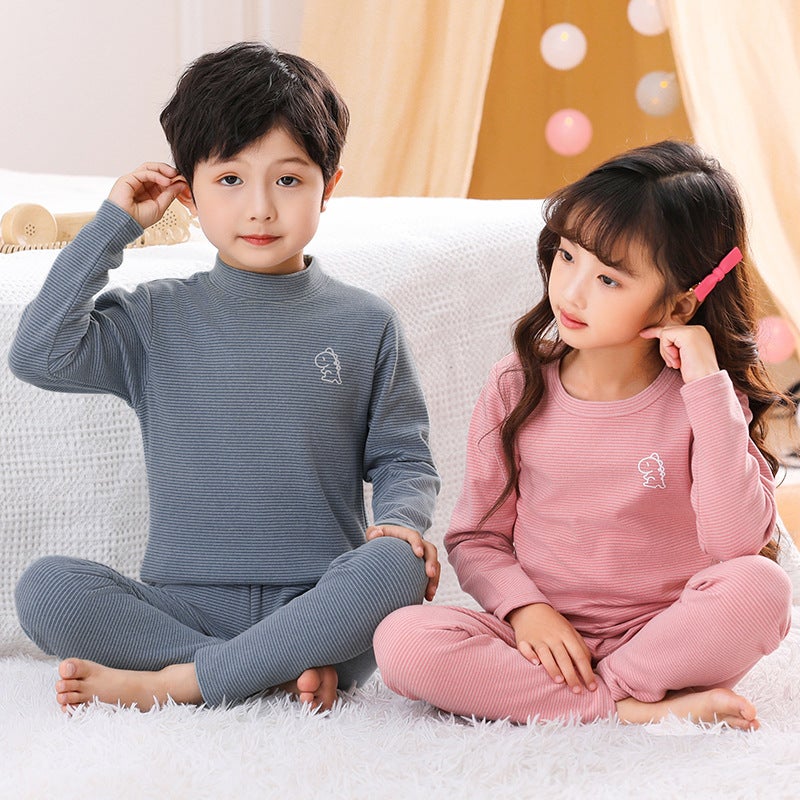 Children'S Double-Sided Brushed Plush Long Johns Boys And Girls Winter Thermal Underwear Suit Mid-Collar Bottoming Striped Pajamas - Image 3