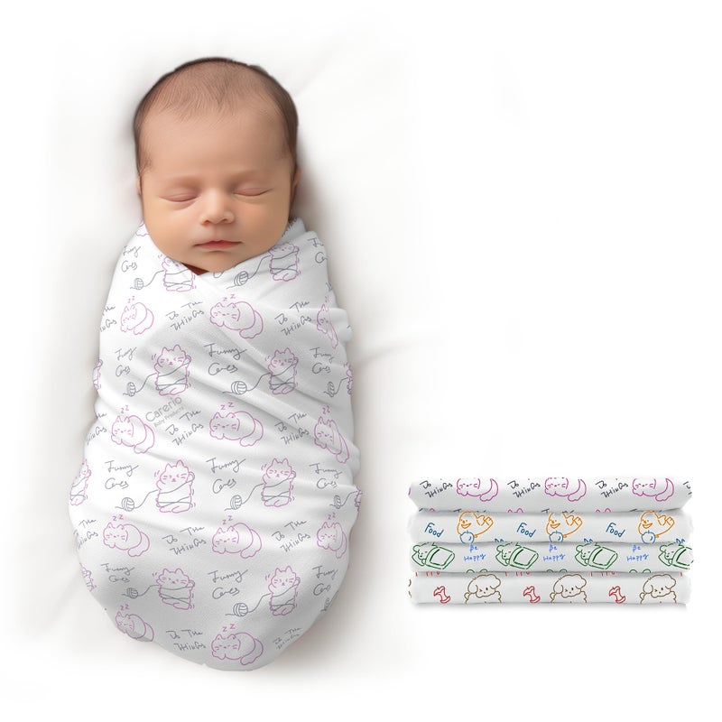 CARERIO 100% Cotton Baby Swaddle Set | Pack of 4 | Ultra-Soft & Breathable Wrap for Newborns | Multi-Purpose Burp Cloth, Nursing Cover, Stroller Shade, Towel | 114x 92cm | 0-18 Months (Happy Days) - Image 1