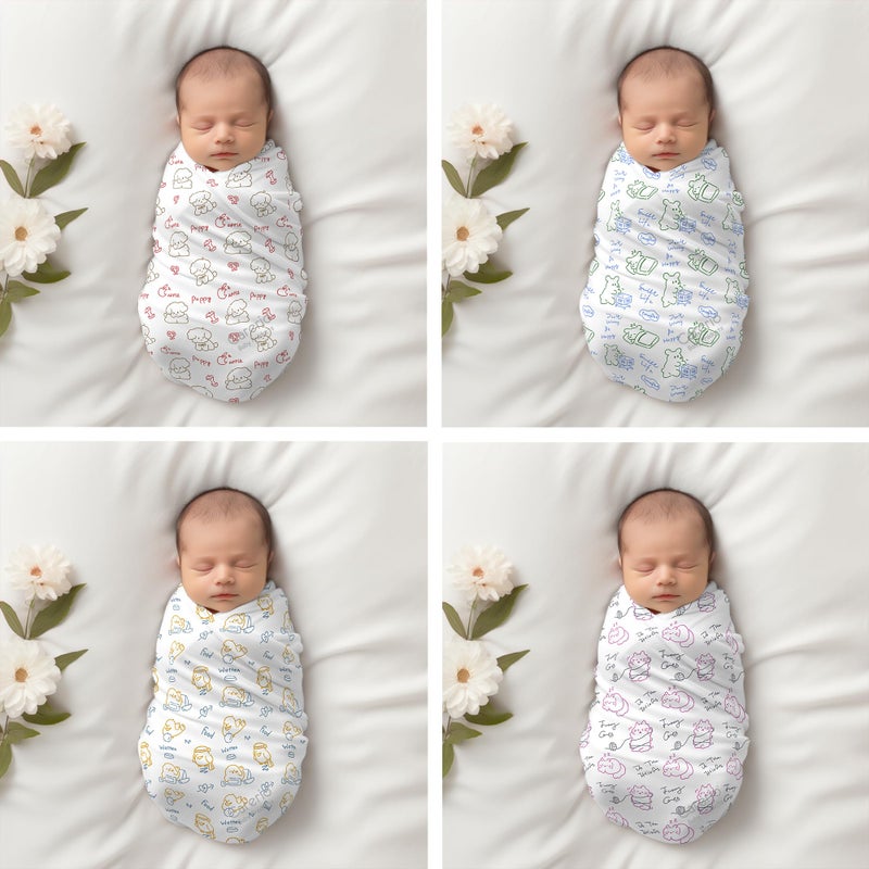 CARERIO 100% Cotton Baby Swaddle Set | Pack of 4 | Ultra-Soft & Breathable Wrap for Newborns | Multi-Purpose Burp Cloth, Nursing Cover, Stroller Shade, Towel | 114x 92cm | 0-18 Months (Happy Days) - Image 2