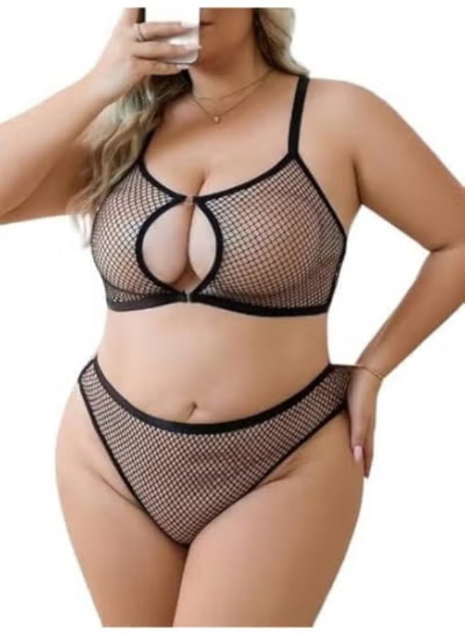 Hanady Women’s Elegant Mesh Lingerie Set – Sheer Short Babydoll Design with Open Front, Plus Size (85–120 kg) HN 8024 - Image 2