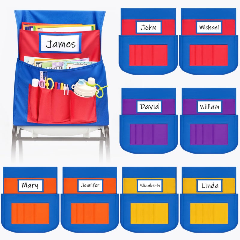 JoyCat 8 Pack Classroom Chair Pockets for School Chairs 6 Pocket Student Chair Storage Organizer with Name Tag Holder Colorful Chair Bags for Classroom Homeschool Supplies - Image 2