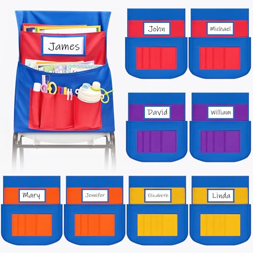 JoyCat 8 Pack Classroom Chair Pockets for School Chairs 6 Pocket Student Chair Storage Organizer with Name Tag Holder Colorful Chair Bags for Classroom Homeschool Supplies - Image 1