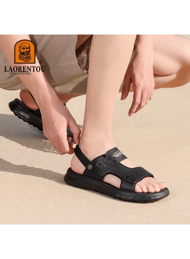 Laorentou Men's Sandals, Summer Beach Shoes, Outdoor Non-slip Sandals And Slippers, Dual-use Leather Sandals For Men, Lt73 Black, Size 41